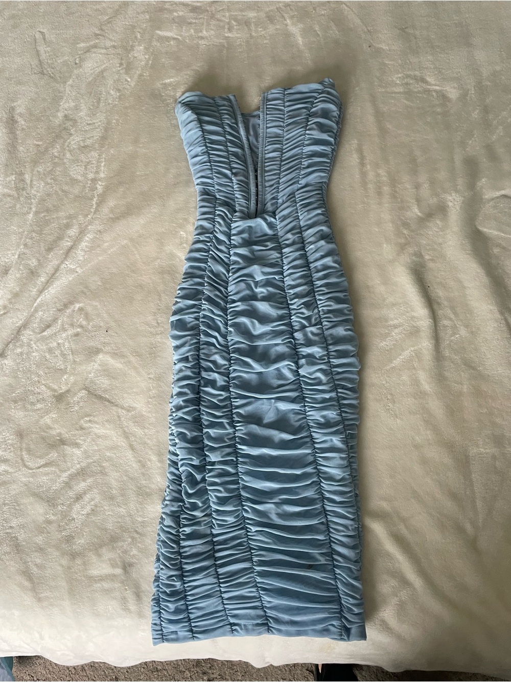 White Fox Boutique Strapless Ruched Mesh Midi Dress in Light Blue
